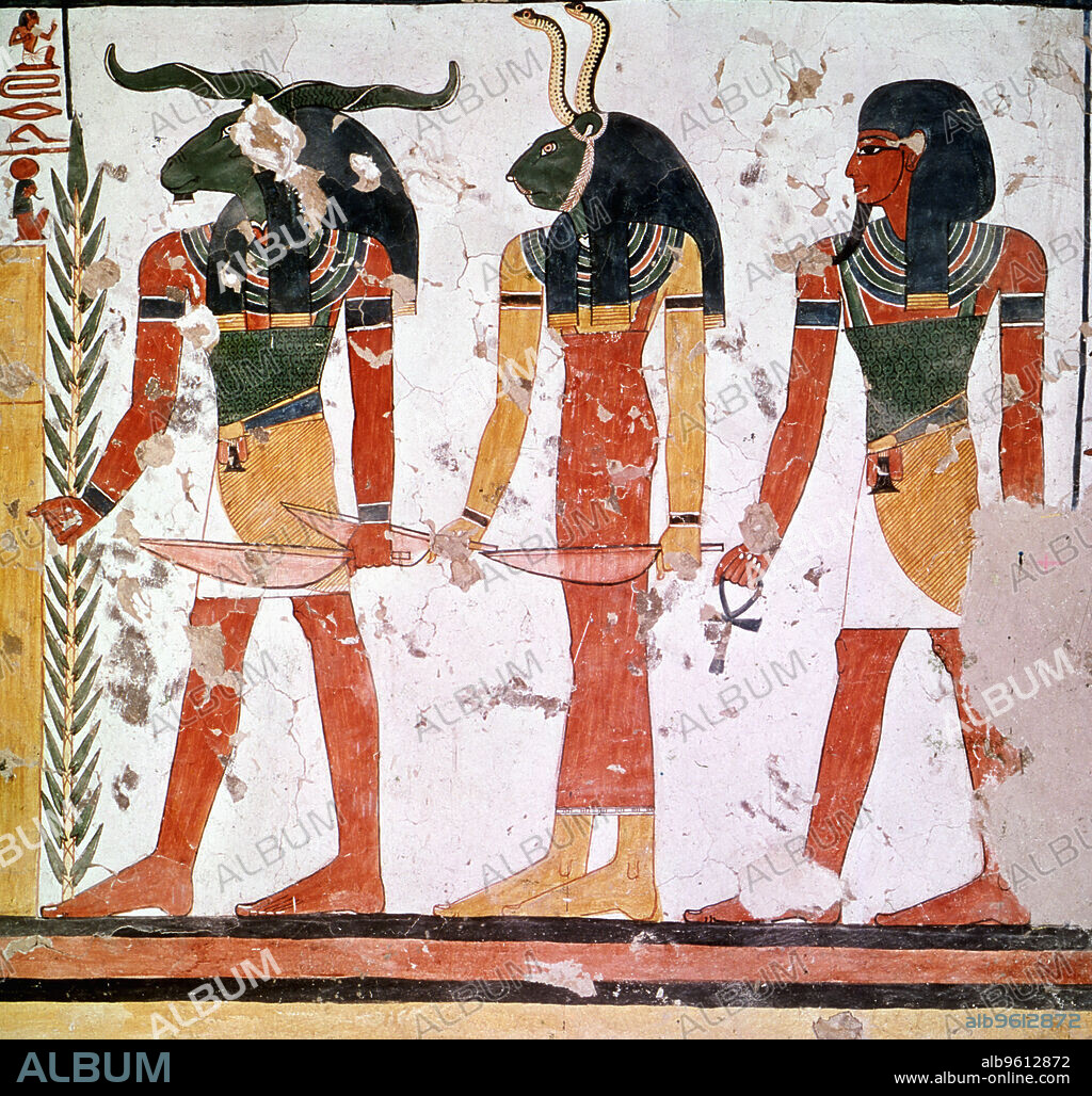 Tomb of Nefertari, fresco with the Knoum and Sekeuti Gods.