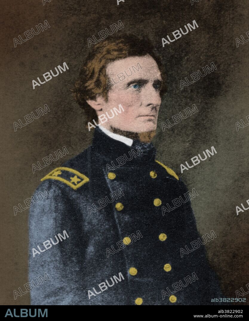 Davis in Federal uniform. Jefferson Finis Davis (June 3, 1808 - December 6, 1889) was a statesman and leader of the Confederacy during the American Civil War. He graduated from West Point and fought in the Mexican-American War as a colonel of a volunteer regiment. He was Secretary of War under President Pierce and a senator representing Mississippi. He argued against secession, but agreed that each state was sovereign and had the right to secede from the Union. He was selected as provisional President of the CSA and was elected without opposition to a six-year term. Davis took charge of the Confederate war plans but was unable to find a strategy to stop the larger, powerful and better organized Union. His diplomatic efforts failed to gain recognition from any foreign country, and paid little attention to the collapsing Confederate economy, printing more and more paper money to cover the war's expenses. In 1865, Davis was captured, imprisoned, placed in irons and indicted for treason. After two years of imprisonment, he was released on bail posted by prominent citizens of both Northern and Southern states. He died in 1889, at age 81, in the presence of friends and and holding the hand of his beloved, Varina.