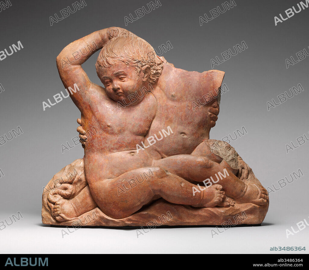 Iphicles Saved from a Serpent by his Brother Hercules, ca. 1450, Italian, Padua, Terracotta, Overall (confirmed): 20 1/4 × 23 5/16 × 4 7/8 in., 48.3 lb. (51.4 × 59.2 × 12.4 cm, 21.9 kg), Sculpture, In myth, the Greek princess Alcmena gave birth simultaneously to sons by different fathers: Hercules, sired by Jupiter, and Iphicles, begotten of Amphitryon. Jupiter's vengeful wife Juno sent serpents to devour the boys in their cradle.