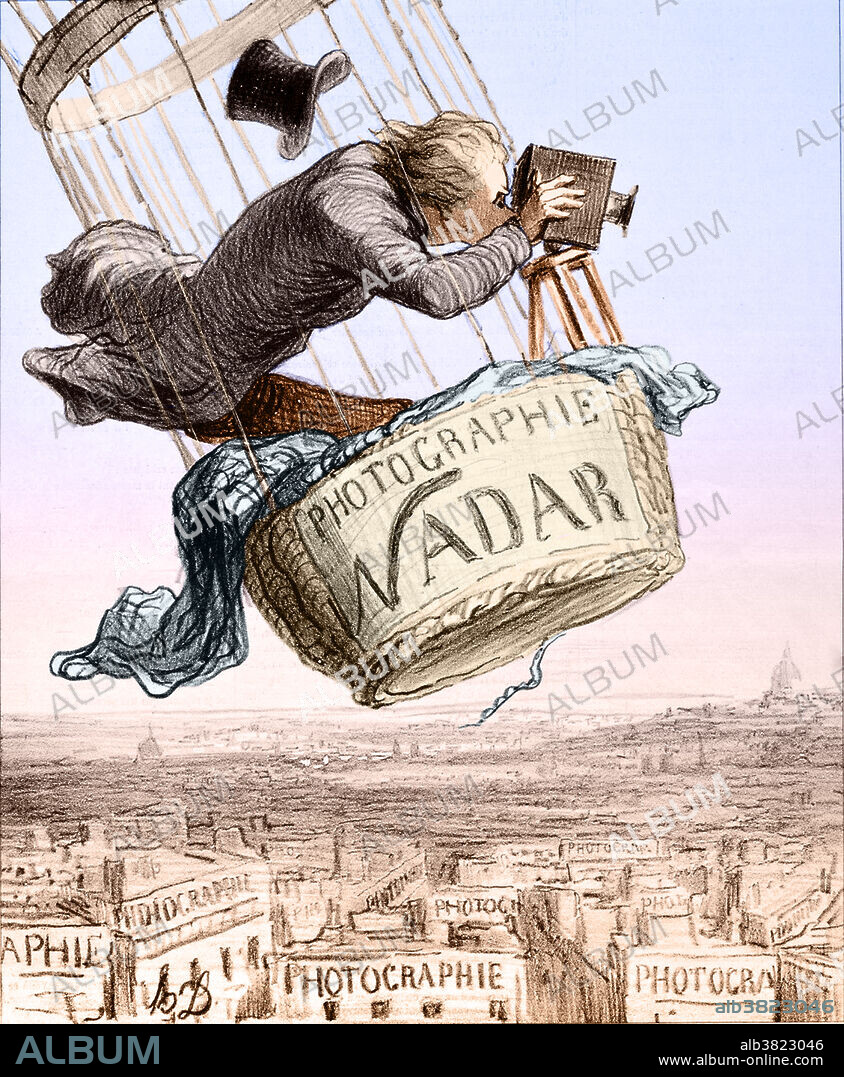 Colour enhanced lithograph by Honore Daumier entitled: Nadar Raising Photography to the height of the Art, 1862. Nadar was the pseudonym of Gaspard-Felix Tournachon (April 6, 1820 - March 23, 1910), a French photographer, caricaturist, journalist, novelist, and balloonist. He took his first photographs in 1853 and in 1858 became the first person to take aerial photographs. He also pioneered the use of artificial lighting in photography, working in the catacombs of Paris. Around 1863, Nadar built a balloon named Le Geant. Although the Geant project was initially unsuccessful he was still convinced that the future belonged to heavier-than-air machines. He was also the inspiration for the character of Michael Ardan in Verne's From the Earth to the Moon. In 1874, he lent his photo studio to a group of painters, thus making the first exhibition of the Impressionists possible. He photographed Victor Hugo on his death bed in 1885. He is credited with having.