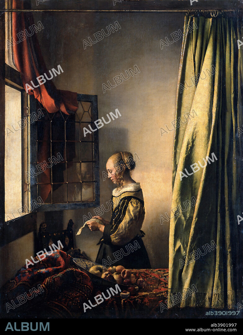 JAN VERMEER. Girl Reading a Letter by an Open Window. Date/Period: Ca. 1659. Painting. Oil on canvas. Height: 830 mm (32.67 in); Width: 645 mm (25.39 in).