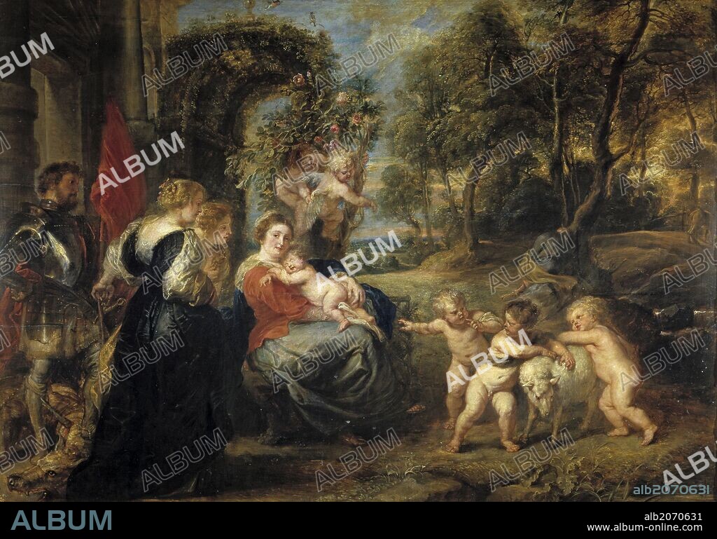 PETER PAUL RUBENS. Pedro Pablo Rubens / 'Descanso en la Huida a Egipto con santos', 1632-1635, Escuela Flamenca, Óleo sobre Tabla, 87 cm x 125 cm, P01640.