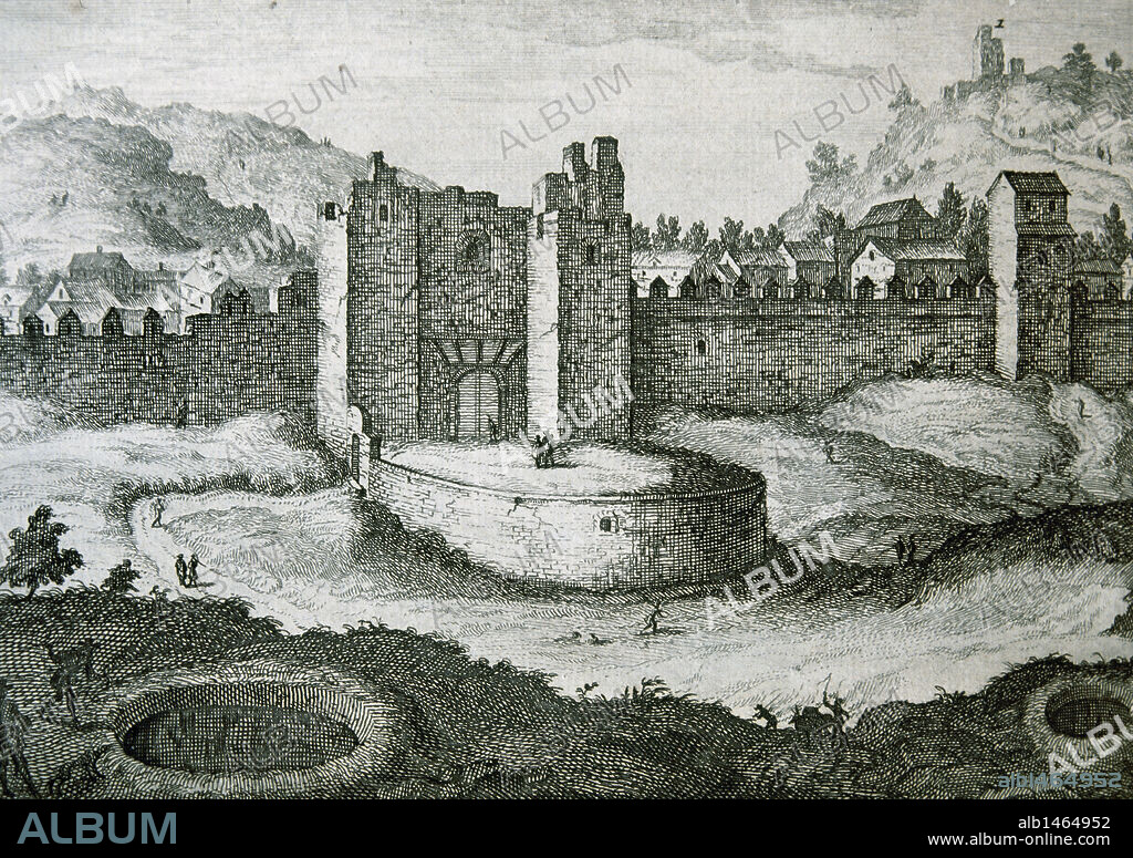 ANDALUCIA. GRANADA. Murallas que rodean la ciudad, con la Puerta de Granada en el centro. Grabado del S. XVIII.
