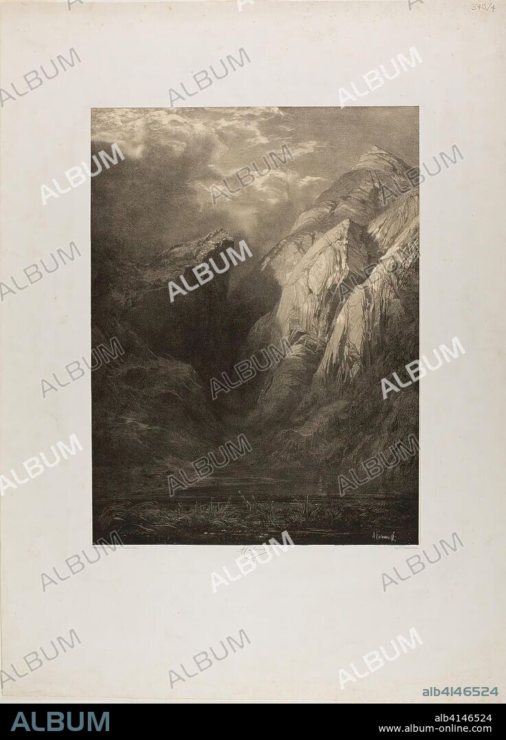 The Alps, from Various Landscape Sites. Alexandre Calame; Swiss, 1810-1864. Date: 1851. Dimensions: 399 x 300 mm (image); 639 x 471 mm (sheet). Lithograph on tan wove paper, on chine collé, laid down on ivory wove paper. Origin: Switzerland.