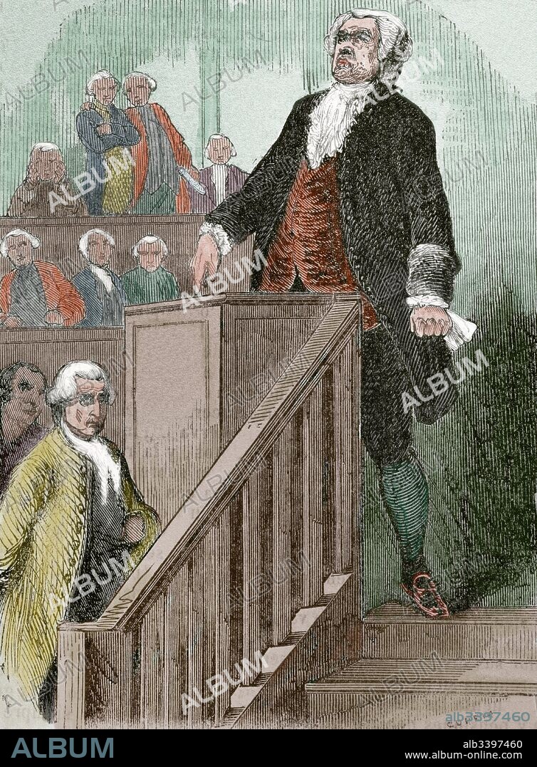 Honoré Gabriel Riqueti, conde de Mirabeau (Le Bignon,1749-París,1791). Político francés. Desde 1788 se mostró partidario de la "nación" contra los "privilegios", y se unió al grupo de nobles liberales. Diputado en los Estados Generales,1789. En 1789 organizó la marcha sobre Versalles. "Mirabeau en la tribuna". Grabado por Dupré. Biblioteca Universal, 1851. Coloreado.