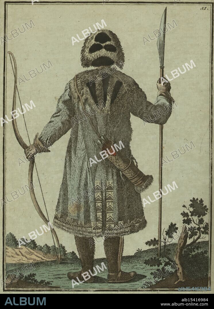 Tatarskie narody: Iakut v okhoch'em plat'e szadi., 1799, Georgi, Johann Gottlieb (1738-1802), Additional title: Tatar peoples, Iakut in hunting dress, rear., Date Issued: 1799, Place: V Sanktpeterburgie, Publisher: Pri Imperatorskoi Akademii Nauk, Russia, Ethnology, Russia, People, Fur-clad hunter stands, Rending tundra's silent air, Ancient pride remains.