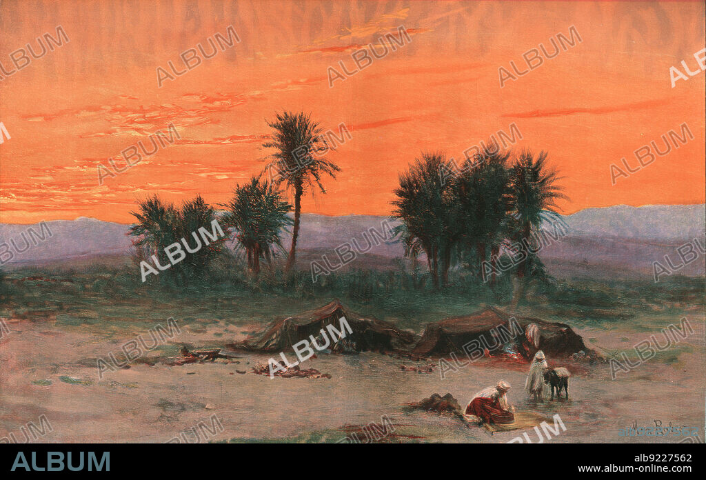 MAX RABER. ''L'oasis de Biskra au soleil couchant; Afrique du nord', 1914. From "Grande Geographie Bong Illustree", 1914.