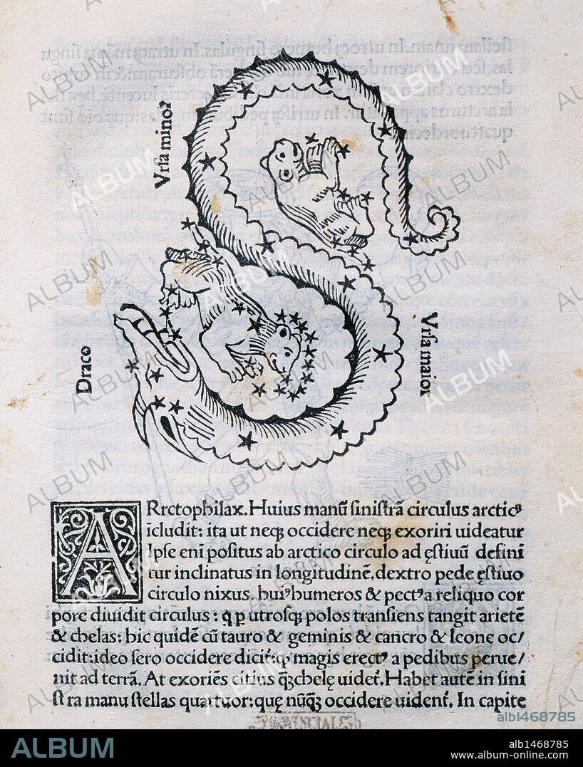 "OSA MAYOR" y "OSA MENOR", constelaciones del hemisferio norte, y "DRACO o DRAGON", constelación situada entre las dos anteriores. Grabado de la obra "ASTRONOMICON", del escritor hispano-latino Cayo Julio HIGINIO (siglo I d. C.). Editada en Venecia en el año 1485. Incunable.
