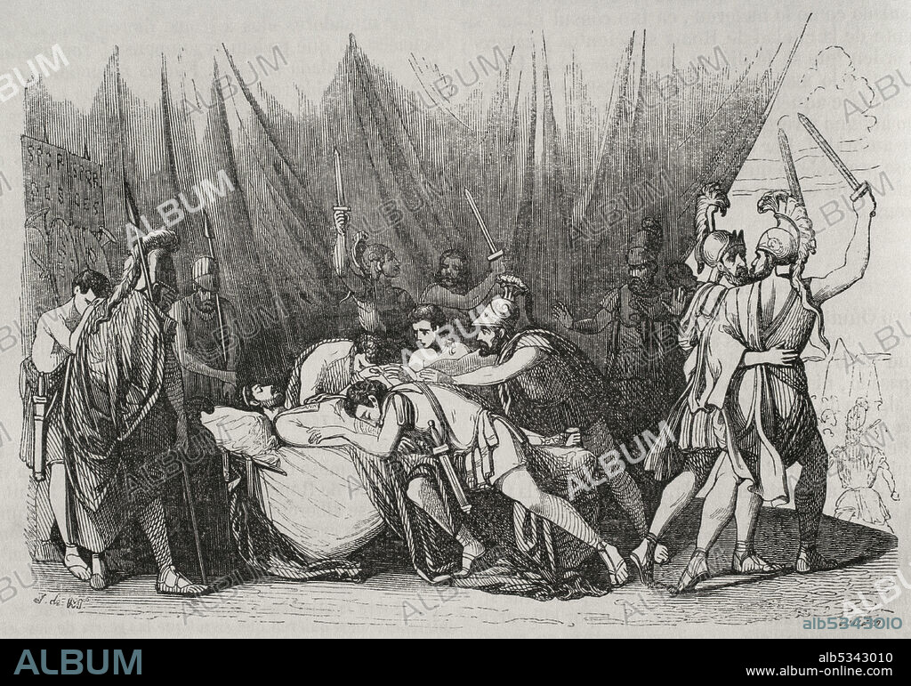 SPANISH ARTIST. JOSé VALLEJO (1821-1882). Viriathus (d. 139 BC). Leader of the Lusitanian people who fought against Roman expansion in Hispania in the mid-2nd century BC. Death of Viriathus. Engraving by Vallejo. Historia General de España by Father Mariana. Madrid, 1852.