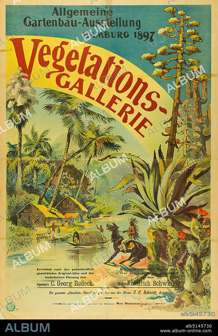 Friedrich Schwinge, Adolph Friedländer, Vegetation Gallery. General horticulture exhibition 1897, paper, lithography, total: height: 124,5 cm; width: 84,5 cm, event posters, exhibition posters, trade fairs/exhibitions, landscape with plants, exotic landscapes (non-tempered zone), river, plants, vegetation.