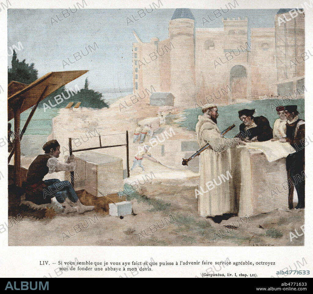 Construction de l'abbaye de Theleme. Illustration de 1897 par Jules GARNIER (1847-1889) pour Gargantua (liv.1, chap. LII) par Francois RABELAIS (1483-1553). Credit : Coll. Jonas/KHARBINE-TAPABOR.