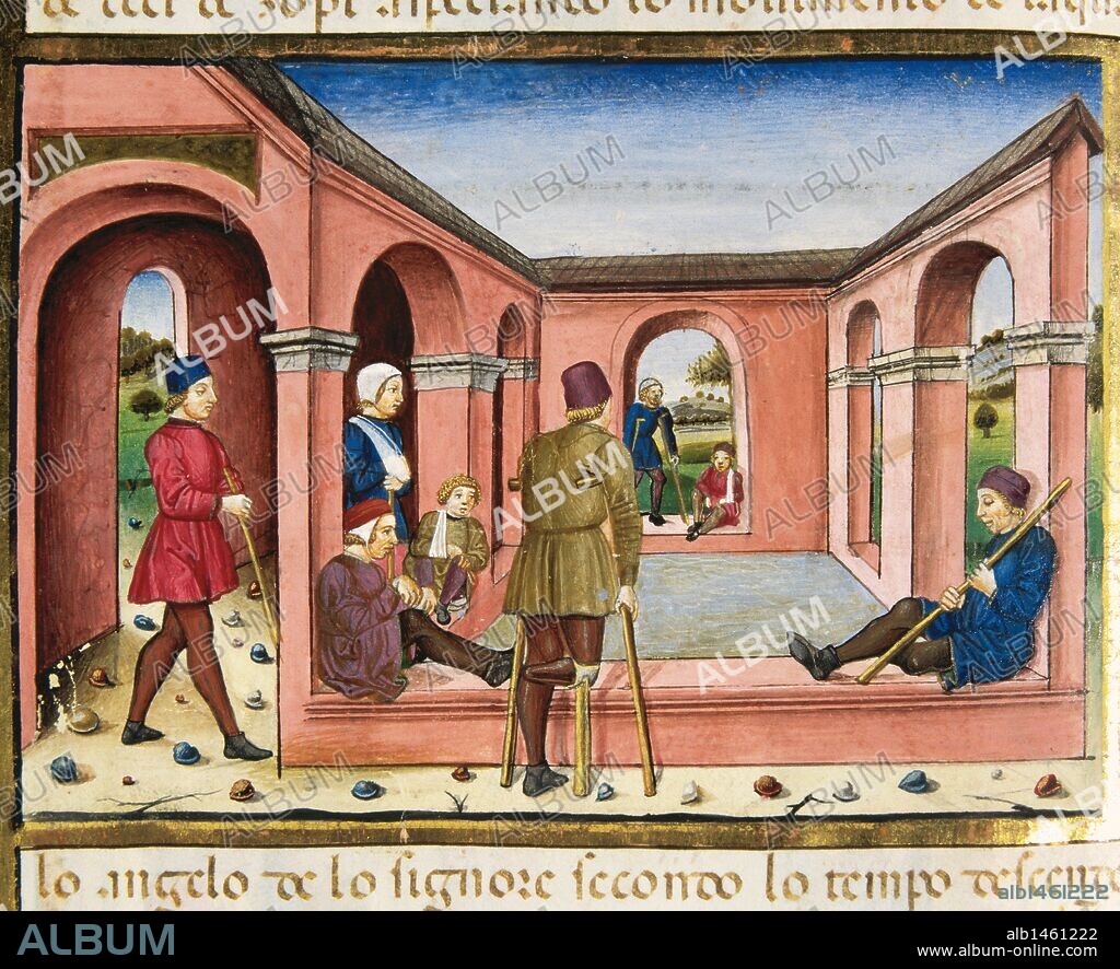 Easter. Jesus went to the pool of Bethesda (Jerusalem) where there were many sick. An angel stirred the water and the first to be launched, was healing. Codex of Predis (1476). Royal Library. Turin. Italy.