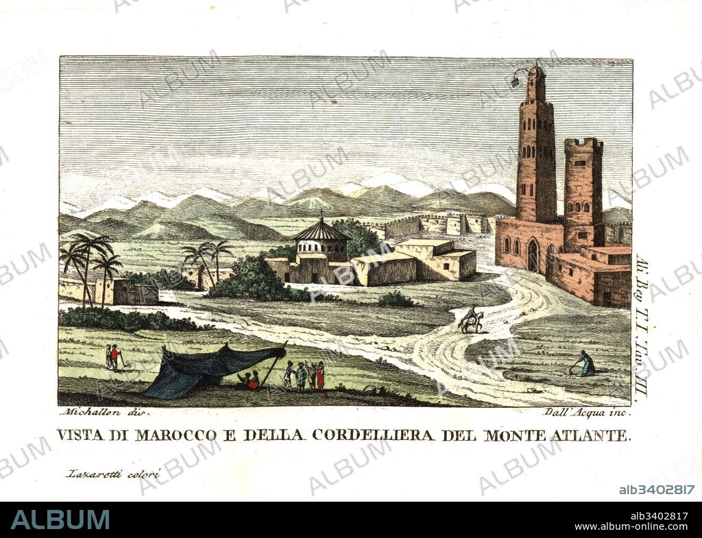 View of Morocco and the cordillera of the Atlas mountains. Illustration by Michallon from Ali Bey el Abbassi’s Travels in Morocco, Tripoli, Cyprus, Egypt, Arabia, Syria and Turkey, London 1816. Copperplate engraving by Dell'Acqua handcoloured by Lazaretti from Giovanni Battista Sonzogno’s Collection of the Most Interesting Voyages (Raccolta de Viaggi Piu Interessanti), Milan, 1815-1817.