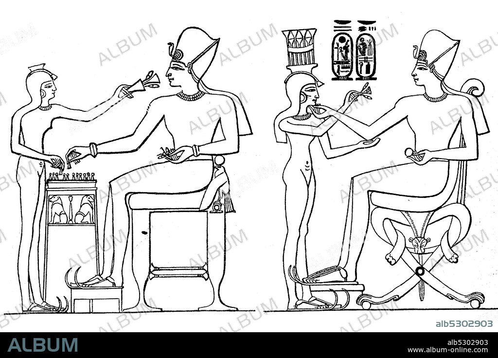 Representation from the domestic life of Ramses III, the king at a board game, ca 1200 BC.