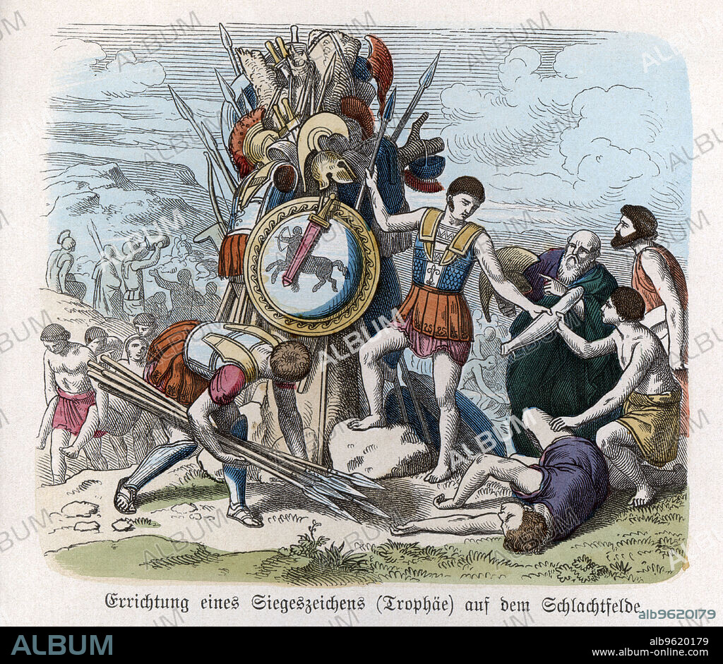 Ancient History. Greece. War trophies. German engraving, 1865.