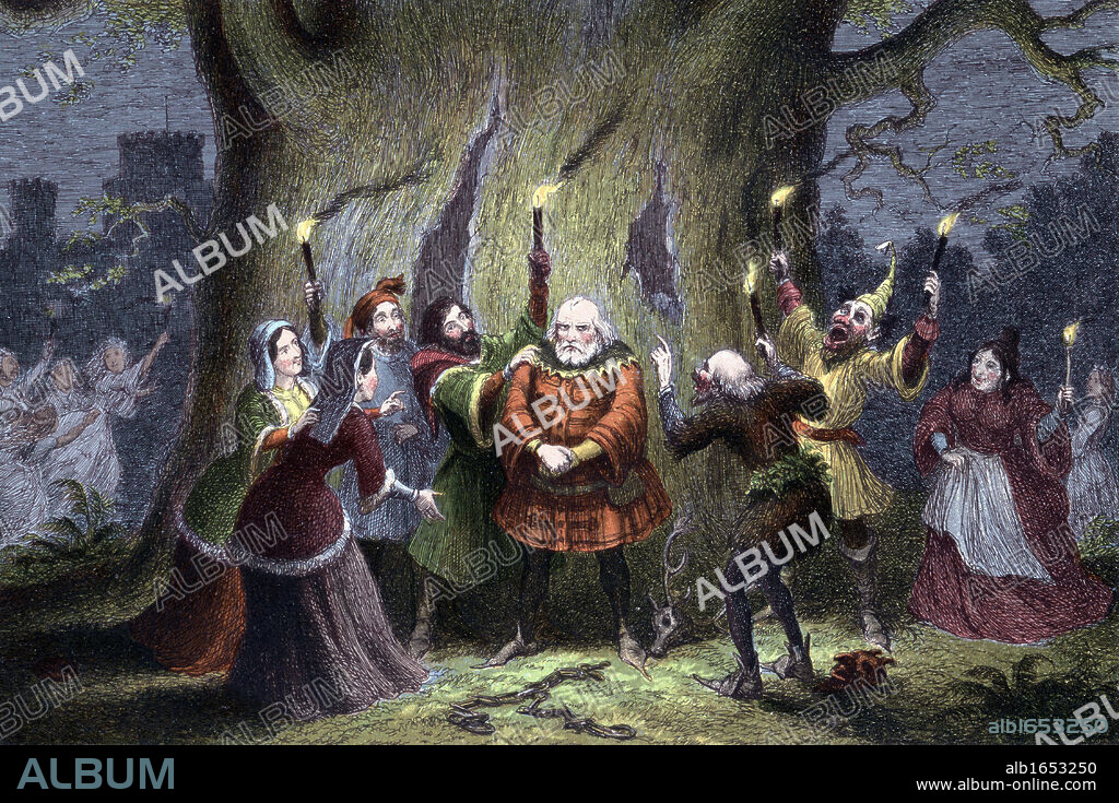 William Shakespeare The Merry Wives of Windsor, play first performed 1597 or 1600. Falstaff, having kept his supposed assignation with in Windsor Forest Mistress Ford as Herne the Hunter and been pinched and punched by 'fairies' says 'I do begin to perceive that I am made an Ass'. Act 5 Sc 5. Chromolithograph from illustration by George Cruikshank from edition of Shakespeare's works published London 1856-1858.