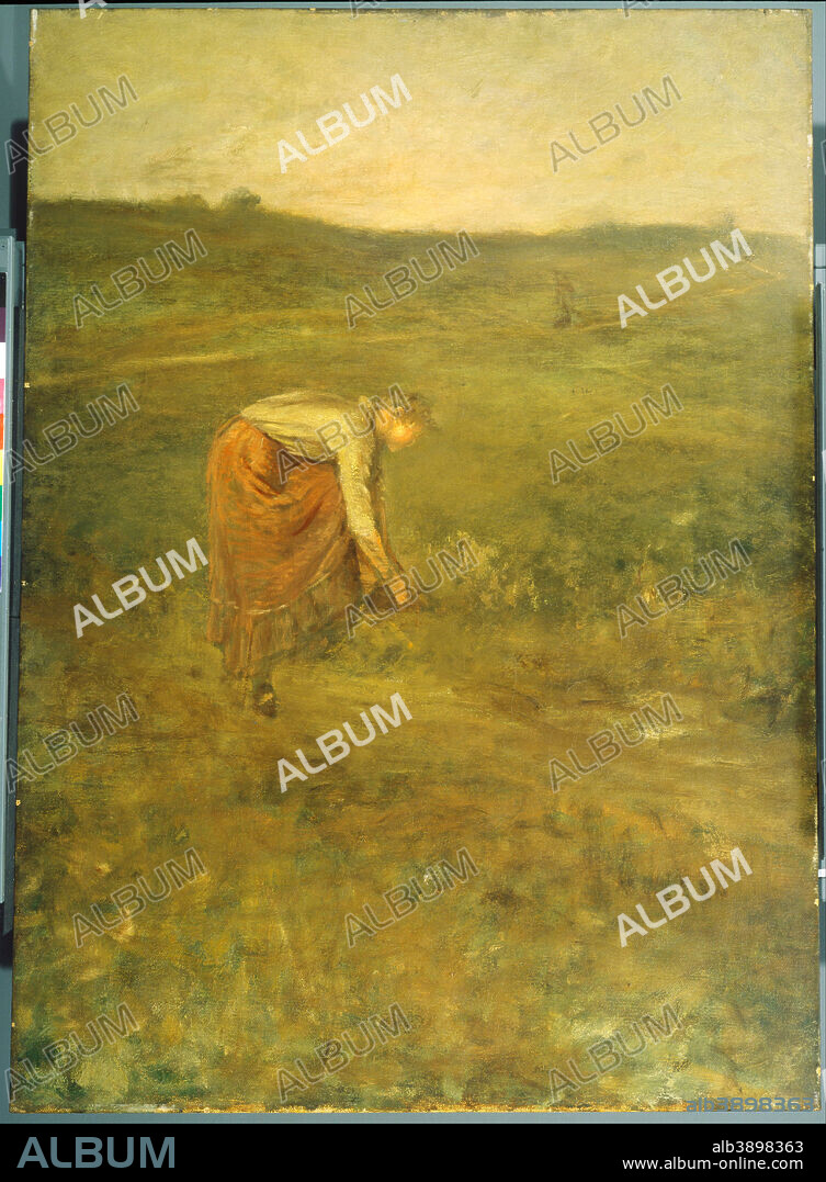 GEORGE FULLER. Girl Tying Her Shoe. Painting. Oil on canvas. Height: 50 mm (1.96 in); Width: 36 mm (1.41 in).