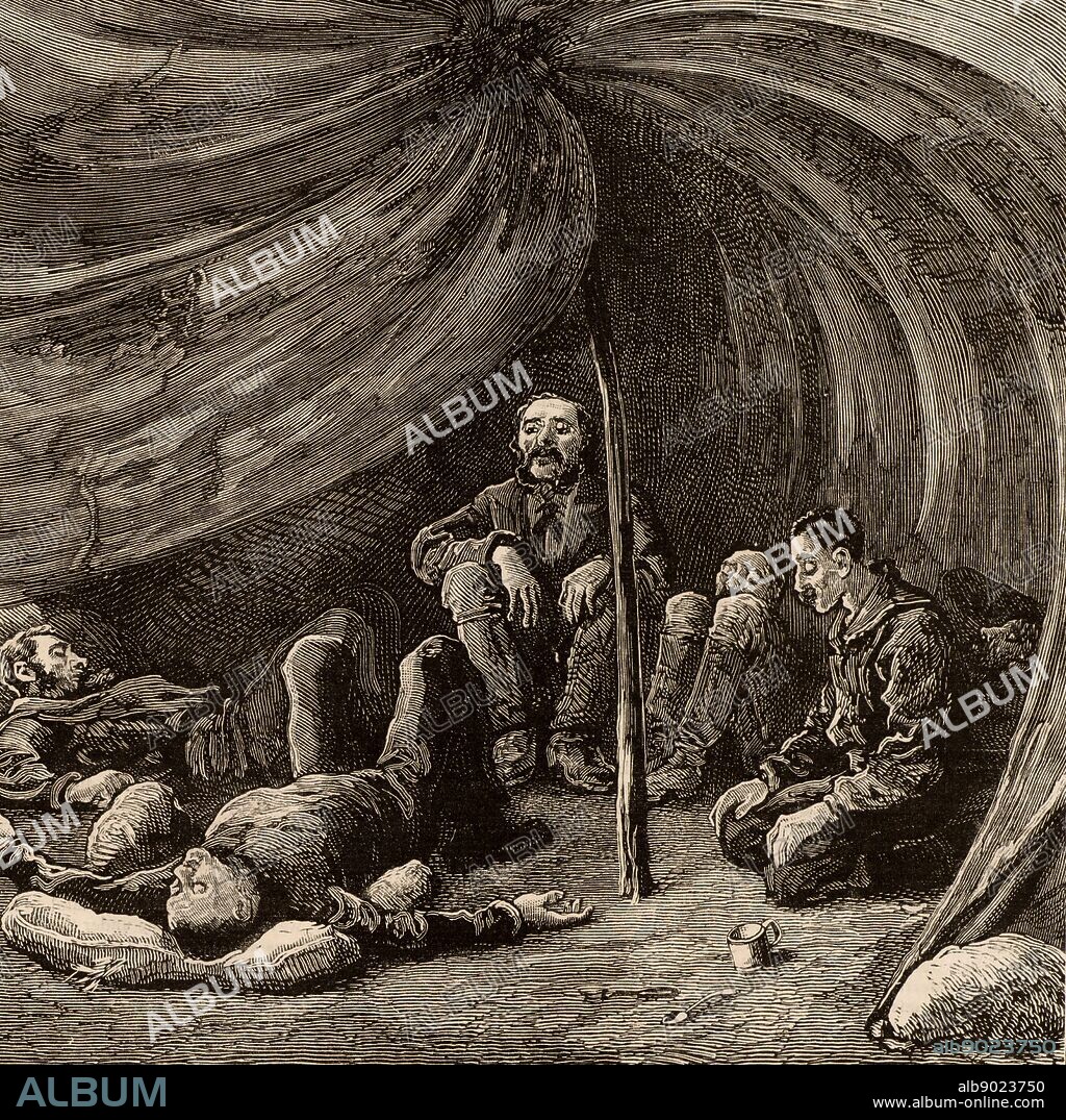 The scene inside Lieutenant Greely's tent when the relief party arrived on 22 June 1884. In 1881 Adolphus Washington Greely (1844-1935), American Arctic explorer, led the American expedition of 25 men to set up a meteorological station at Smith Sound as part of the first International Polar Year. In 1883 the relief boat failed to arrive and when the rescue party arrived in 1884 only six men survived. Engraving from 'The Graphic' (London, 1884).