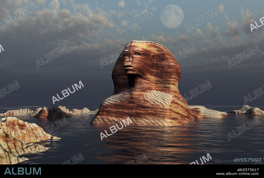 Artist's concept of the famous Sphinx creature surrounded by water, caused by erosion.