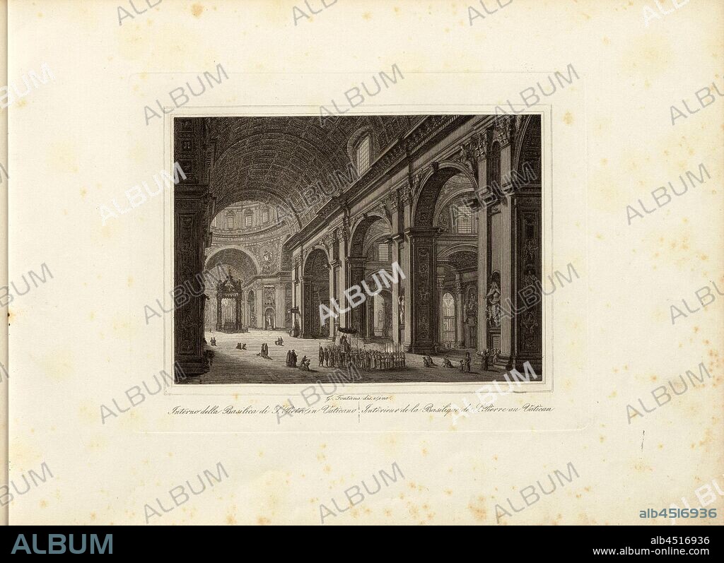 Interior of the Basilica of St. Peter in the Vatican, St. Peter's Basilica in Rome, signed: G. Fontana dis., e inc, Taf. 3, Fontana, Gabriele (dis. e inc.), Gaetano Cottafavi, Gabriele Fontana, D. Amici, P. Parboni, A. Fornari, S. Bossi, Salvatore Busuttil: Souvenirs de Rome. [nicht ermittelbar]: [nicht ermittelbar], [1800].