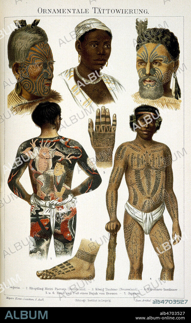 'Ornamental Tattowierung', hommes et femmes tatoues, femme negre, hommes de Nouvelle-Zelande, des Iles Carolines et Dayak de Borneo, japonais. Illustration de 1896 pour Meyer Konversation Lexikon. Credit : Collection Jonas/KHARBINE-TAPABOR.