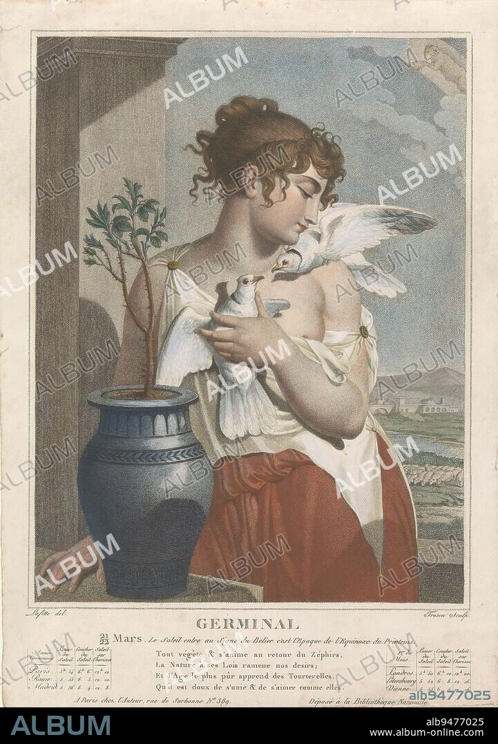 Months in the Second Year of the French Republican Calendar, Germinal (March 21 - April 19), Germinal (title on object), The Twelve Months of the French Republican Calendar (series title), Les Mois républicains (series title), Personification of Germinal, or Wind Month (Aries, March 21 - April 19) as a woman holding two white doves near a rose bush in a pot. With caption and four-line verse., print maker: Salvatore Tresca, (mentioned on object), after drawing by: Louis Lafitte, (mentioned on object), publisher: Salvatore Tresca, (mentioned on object), Paris, 1792 - 1794, paper, engraving, etching, height 330 mm × width 231 mm.