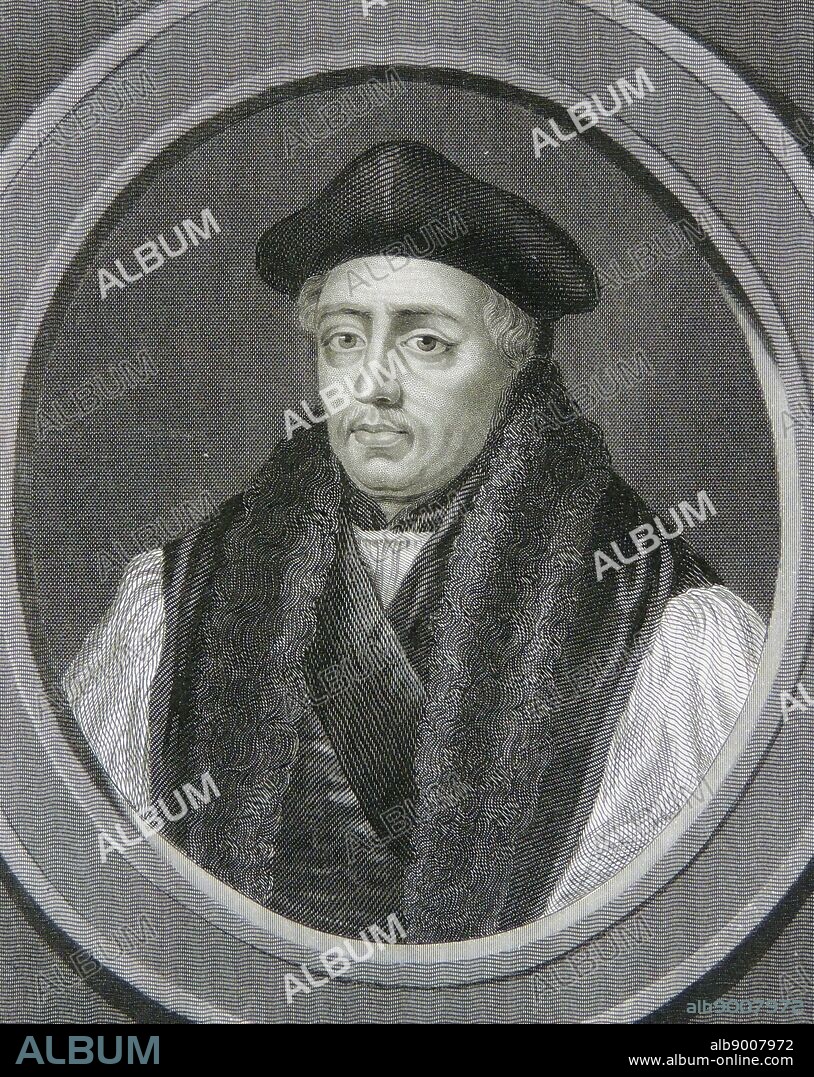 Thomas Cranmer (1489-1556) English prelate and Protestant martyr. Archbishop of Canterbury. Found guilty of high treason under Mary I and burned at the stake in Oxford. Engraving, 1851.