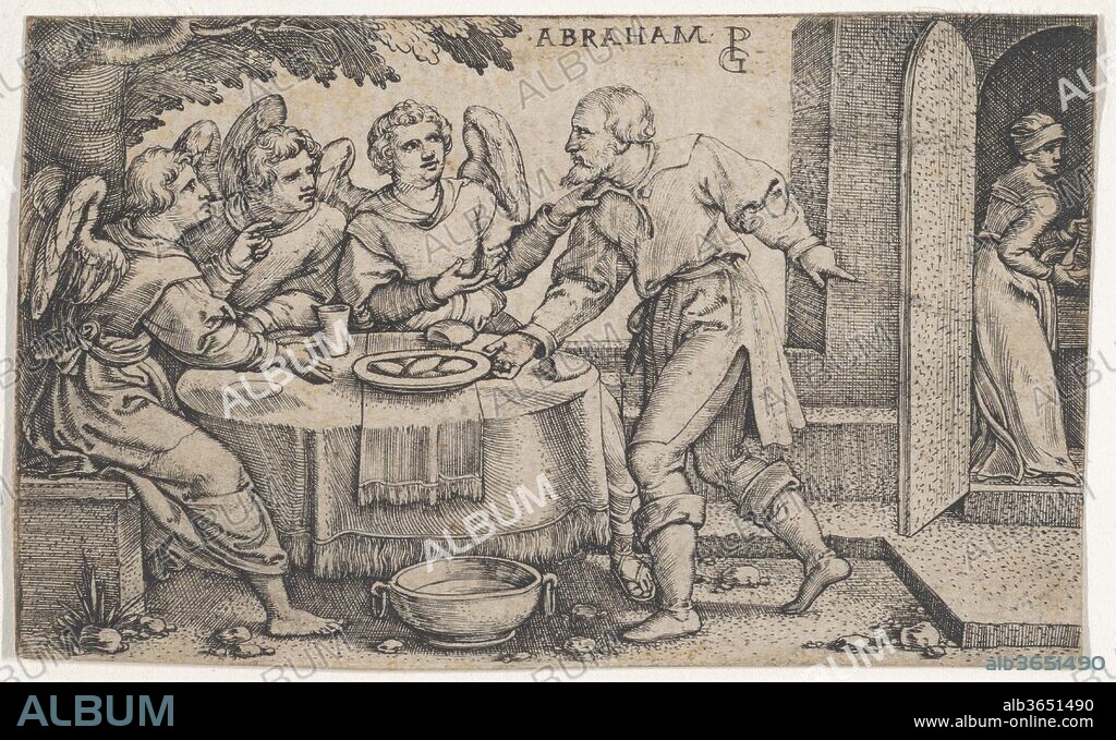 The Three Angels Visiting Abraham, from The Story of Abraham. Artist: Georg Pencz (German, Wroclaw ca. 1500-1550 Leipzig). Dimensions: Sheet: 2 1/8 × 3 3/8 in. (5.4 × 8.6 cm). Series/Portfolio: The Story of Abraham.
