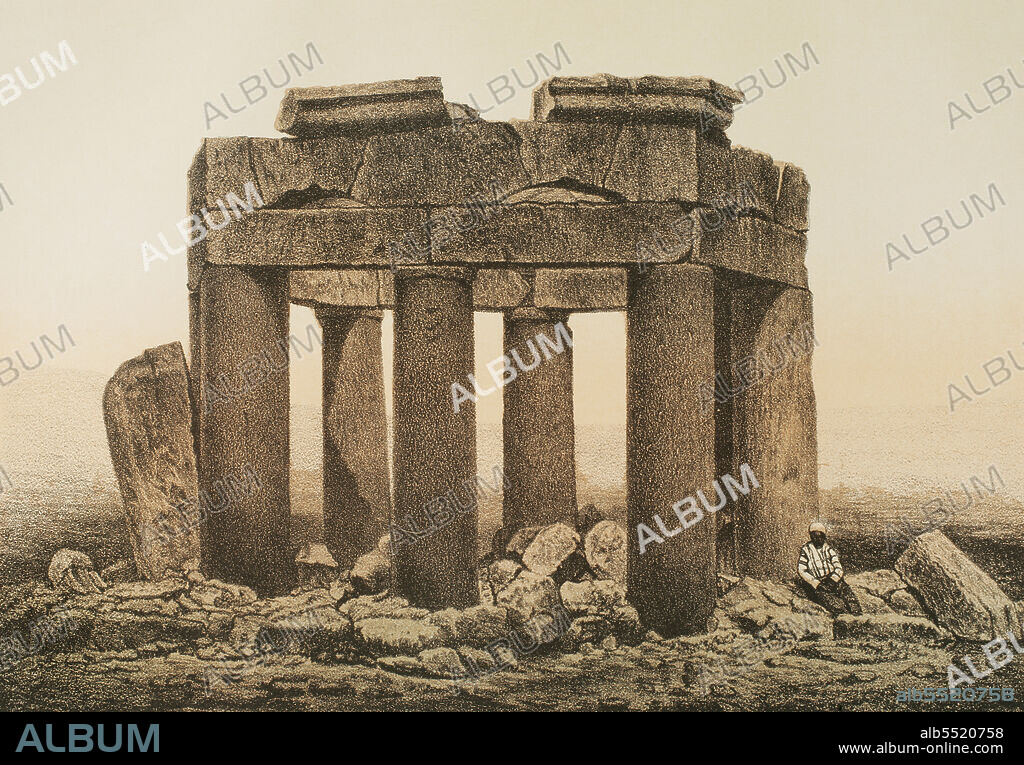 Líbano. Monumento funerario conocido con el nombre de "Tumba del Santón", cerca de Baalbek. Cromolitografía. "Viaje a Oriente", 1882.
