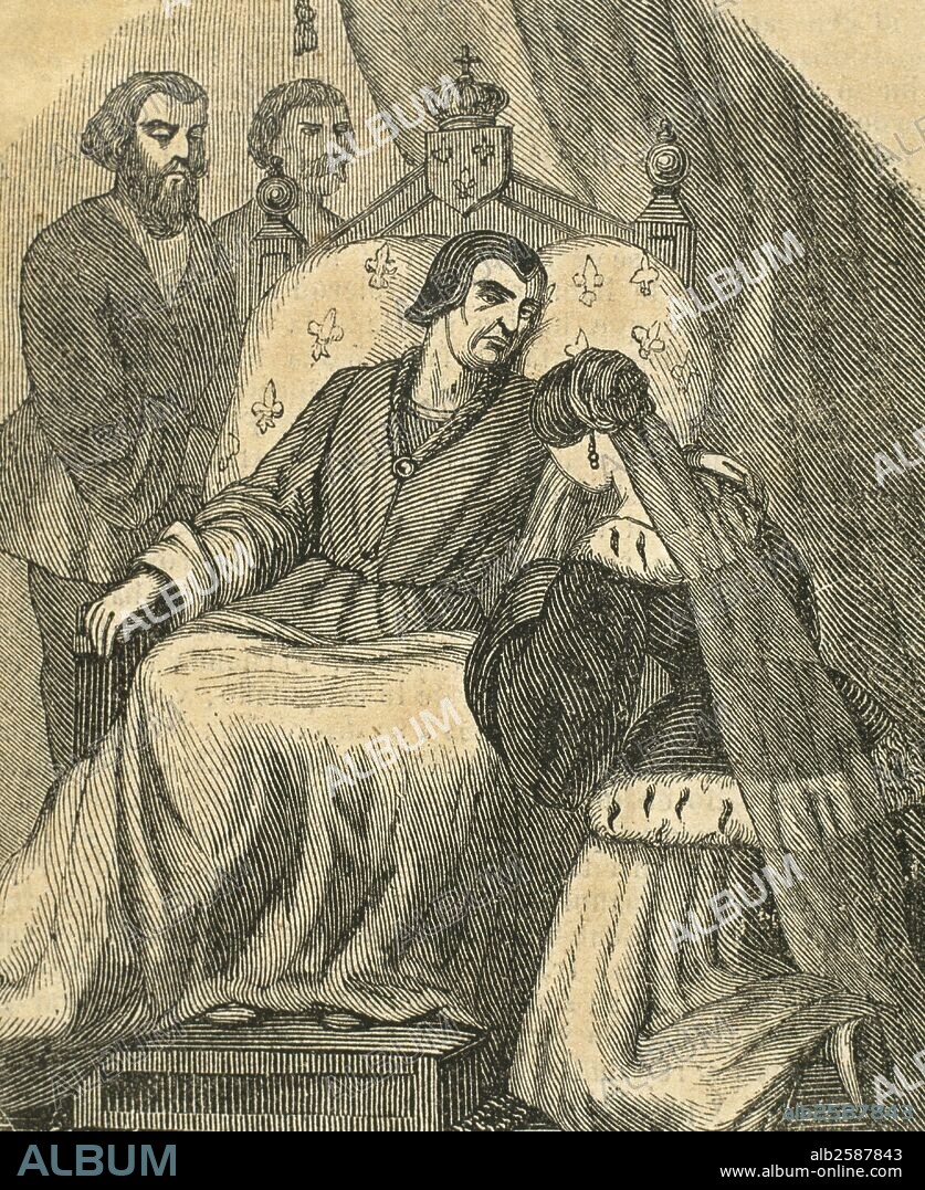 LOUIS DUPRE. LUIS XI (Bourges, 1423-Plessis-lez-Tours, 1483). Rey de Francia (1461-1483), hijo de Carlos VII y de María de Anjou. Combatió contra Carlos "el Temerario", duque de Borgoña. "MUERTE DE LUIS XI". Grabado por Dupré, 1851.