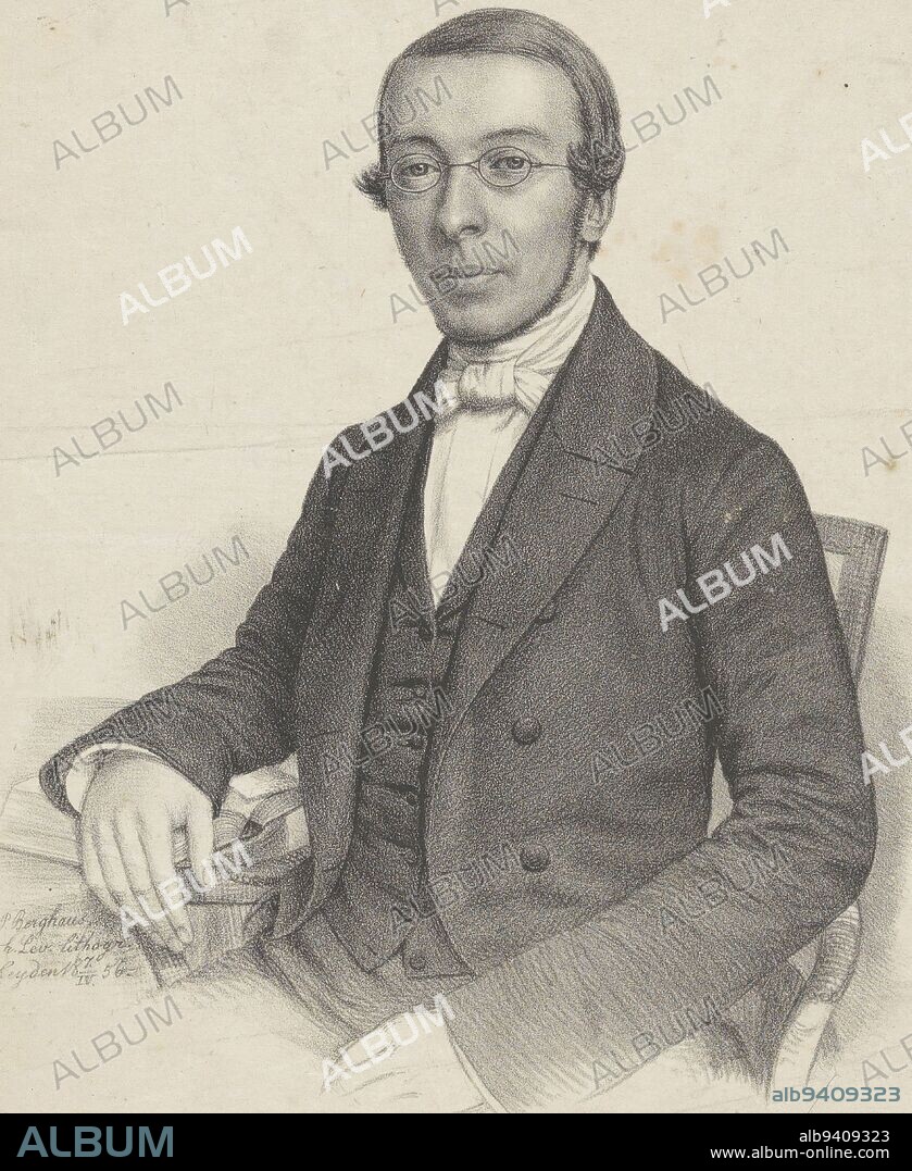 The person portrayed wears glasses and leans with his right arm on the table on an open book, Portrait of Jan Wouter Felix, print maker: Johann Peter Berghaus, (mentioned on object), Johann Peter Berghaus, (mentioned on object), Leiden, 7-Apr-1856, paper, h 335 mm - w 256 mm.