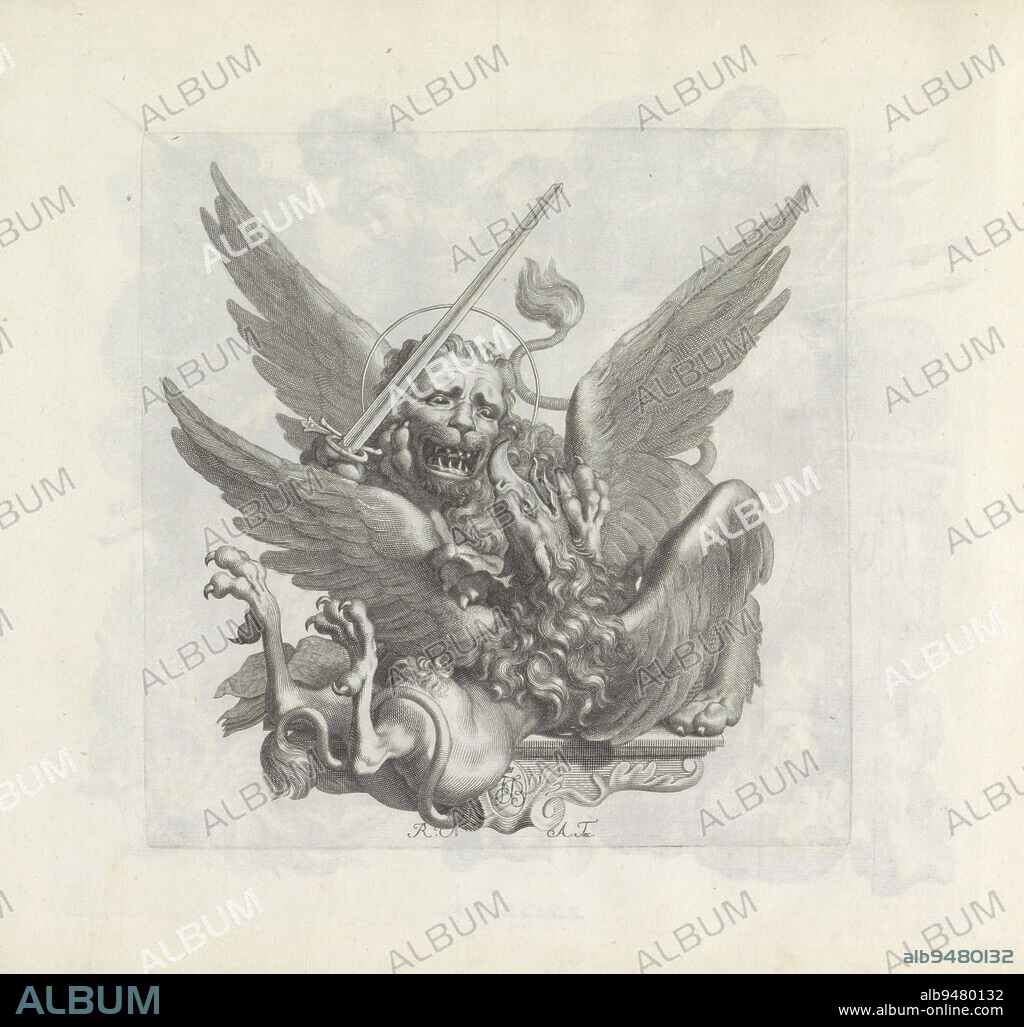 A console with a griffin. He is defeated with a sword by the lion of Saint Mark (Venice). Here Good wins from Evil. The print is part of an album, Griffin defeated by the lion of Saint Marcus Numismata virorum illustrium ex Barbadica gente (series title)., print maker: Robert van Audenaerd, (mentioned on object), Giovanni Francesco Barbarigo, (mentioned on object), Rome, 1673 - 1743, paper, engraving, h 185 mm × w 182 mm.