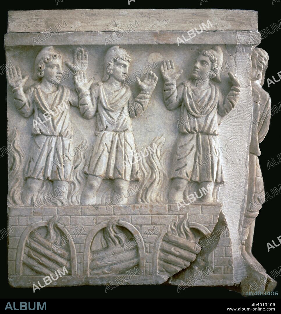 Depiction of Shadrach, Meshach, and Abednego in the fiery furnace, on an early Roman Christian sarcophagus from the Vatican Museum's collection in Rome.