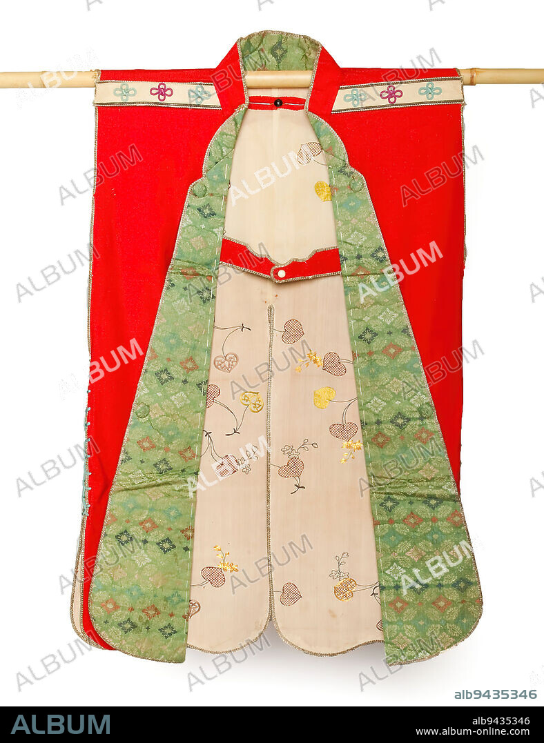 Red Surcoat with Floral Design, late 19th century, Unknown Japanese, 25 1/4 × 38 1/2 in. (64.14 × 97.79 cm), Red felt with silk design, 19th century, This jinbaori is made of rasha, a precious material only available to the wealthy and powerful. Wool fabrics had to be imported from Europe, as Japan did not produce wool. The cut, a standard form in the late Edo-period, also shows European influences, as the A-line can be considered reminiscent of a Portuguese mantle. This sleeveless surcoat has a standing collar, large armholes, and a long opening on the back for better mobility when worn over the armor and rounded corners. The flaring lapel and the collar lining is made of green silk, patterned with colorful iridescent ornaments. The beige silk lining is embroidered with flower and leaf designs, and the shoulder is decorated with wool-colored felt strips applied with ornament made of diamond knurl. The vest is held in place with a waling. The back features a family crest designed in colored wool and red felt. It shows two bars in a ring (maru ni futatsubiki) and was carried by several families, most of them descendants of the Minamoto clan. This surcoat most likely was a Noh costume.