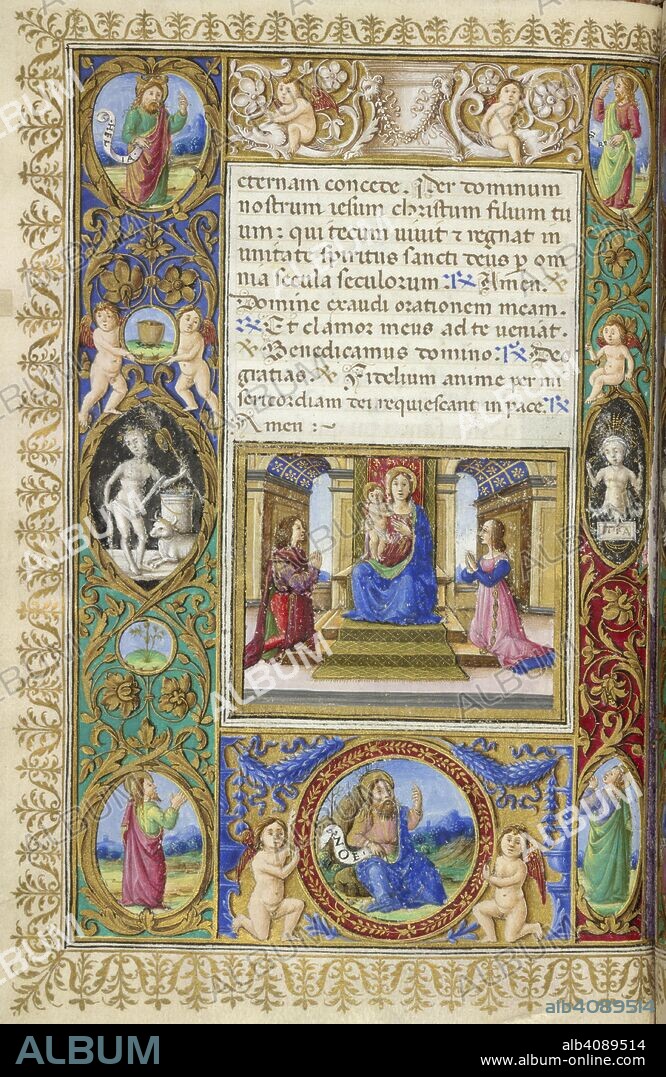 Miniature of a man and woman, Francesco Salviati and Laudomia de' Medici, adoring the Virgin and Child, and full all'antica border with putti, gems and biblical figures, at the end of Lauds in the Hours of the Virgin. Book of Hours ('The Hours of Laudomia de' Medici'). Italy, Central (Florence); 1500-1510. Source: Yates Thompson 30, f.30v. Language: Latin.