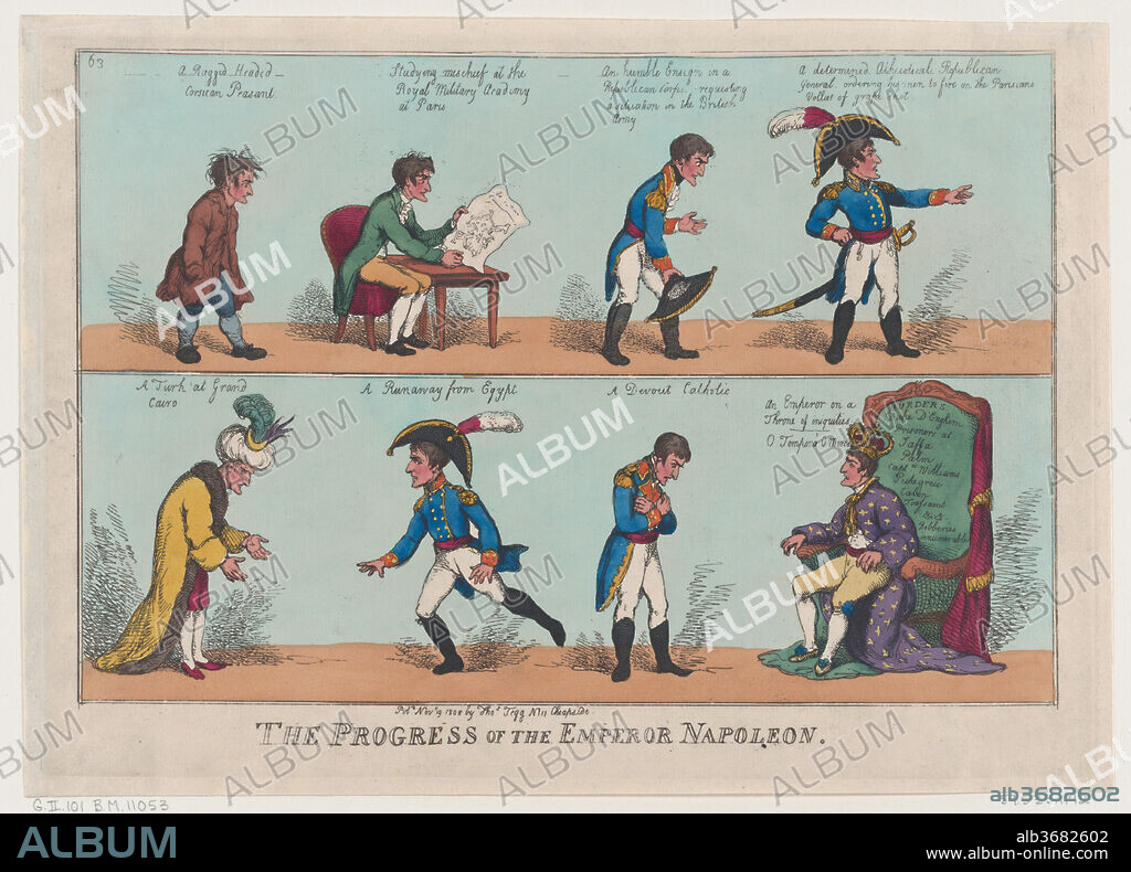 The Progress of the Emperor Napoleon. Artist: Thomas Rowlandson (British, London 1757-1827 London). Dimensions: Sheet: 10 1/16 × 14 1/16 in. (25.6 × 35.7 cm)
Plate: 9 9/16 × 13 9/16 in. (24.3 × 34.5 cm). Publisher: Rudolph Ackermann, London (active 1794-1829). Subject: Napoléon Bonaparte (French, Ajaccio 1769-1821 St. Helena); Joseph Bonaparte (French, 1768-1844). Date: November 19, 1808.