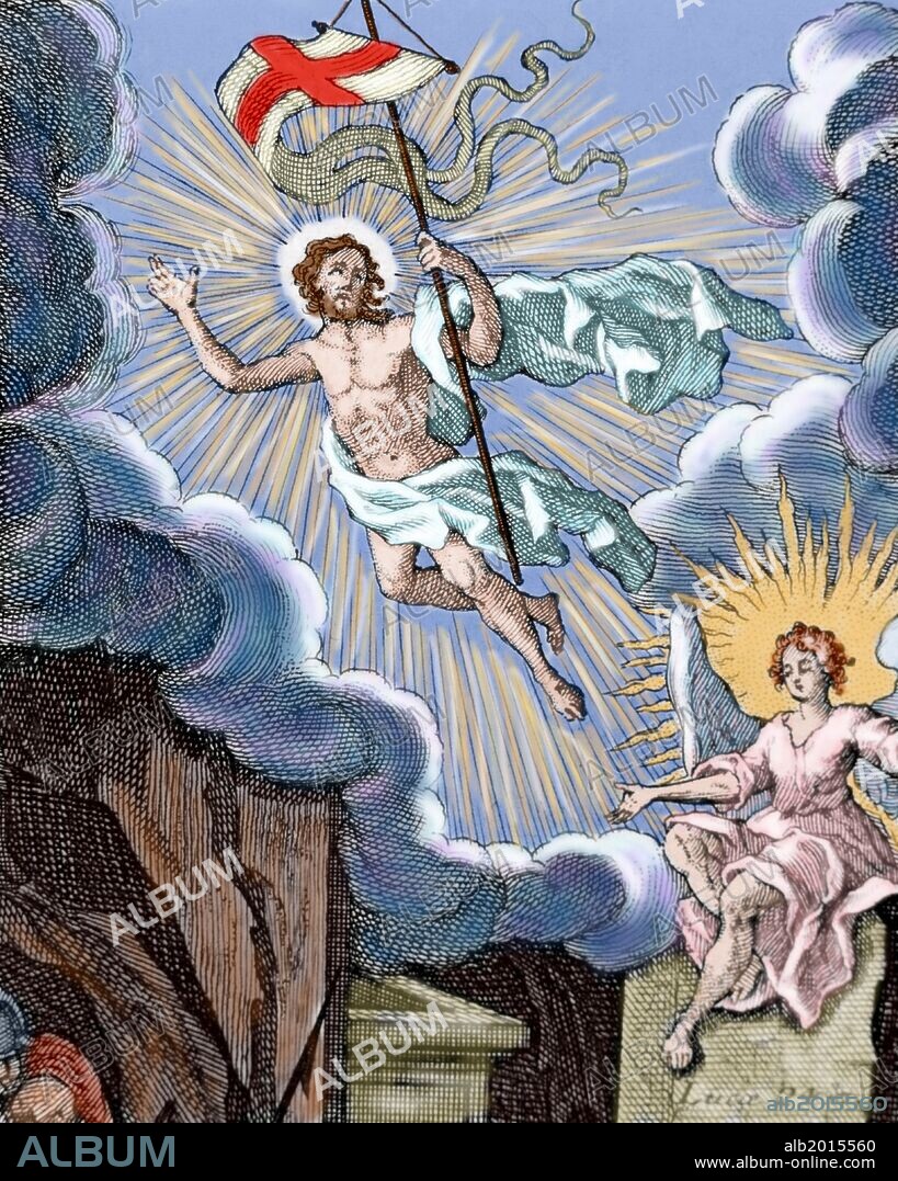 Luke 24. Resurrection of Jesus. Colored engraving.