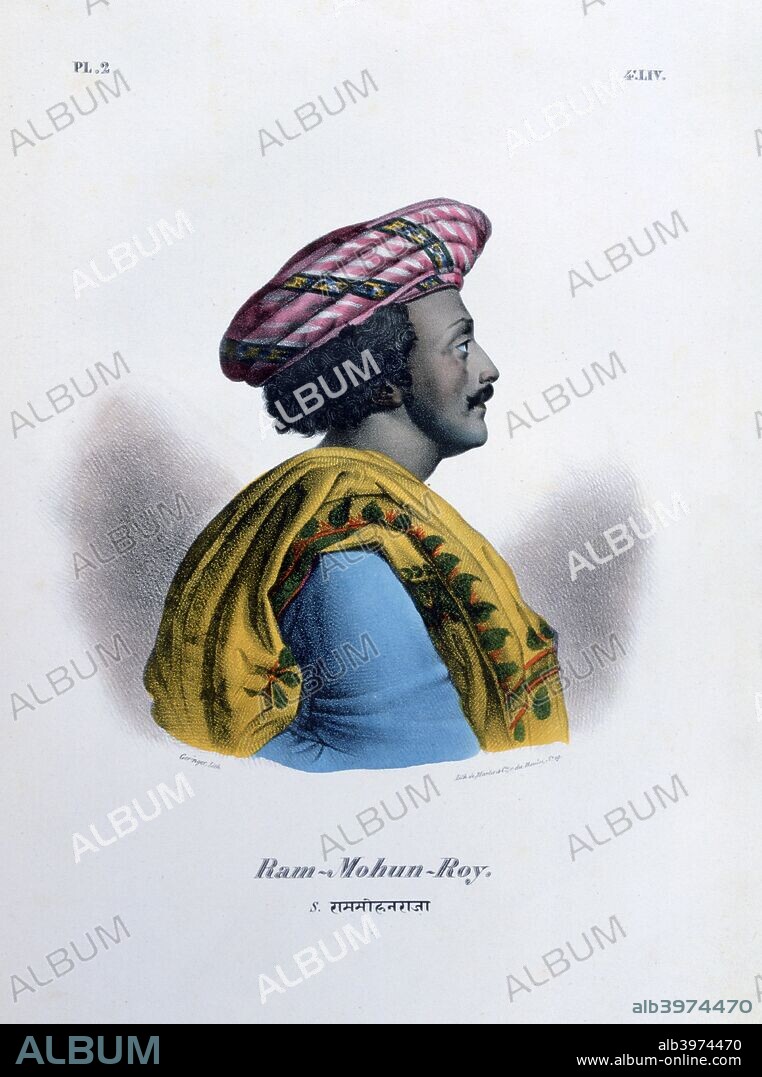 Ram Mohan Roy, founder of the Brahmo Samaj, 1828. Ram Mohan Roy, also written as Rammohun Roy, or Raja Ram Mohun Roy (1772-1833), was the founder of the Brahmo Samaj, one of the first Indian socio-religious reform movements. He campaigned for the abolition of sati (suttee) the Hindu custom where a widow sacrifices herself on her husband's funeral pyre. A lithograph from L'Inde Français, 1828. From the collection of Jean Claude Carriere.