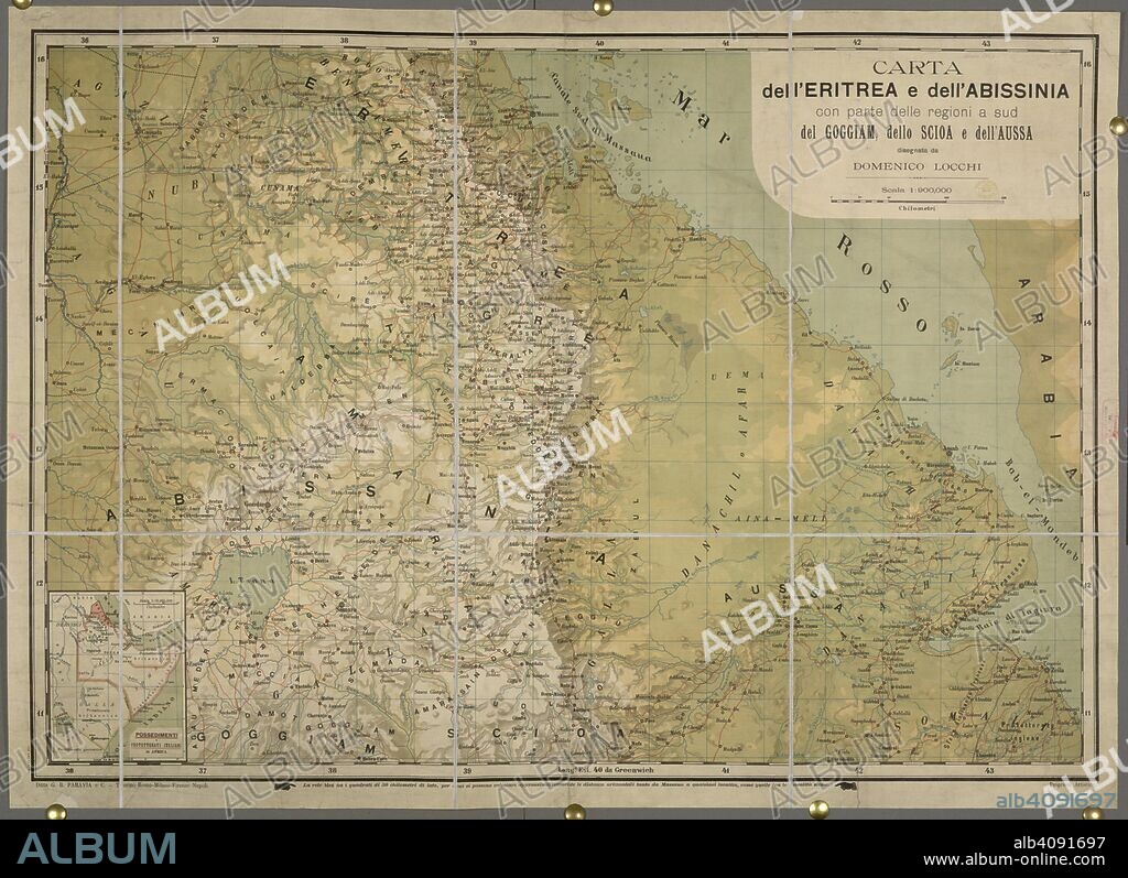 Eritrea and Abissinia. Carta dell' Eritrea e dell Abissinia con parte del. [1896]. Map of Eritrea and Abissinia.  Image taken from Carta dell' Eritrea e dell Abissinia con parte delle regioni a sud del Goggiam, dello Scioa e dell Aussa, disegnata da Domenico Locchi. Scala 1 : 900,000.  Originally published/produced in [1896]. . Source: Maps.66430.(86),.