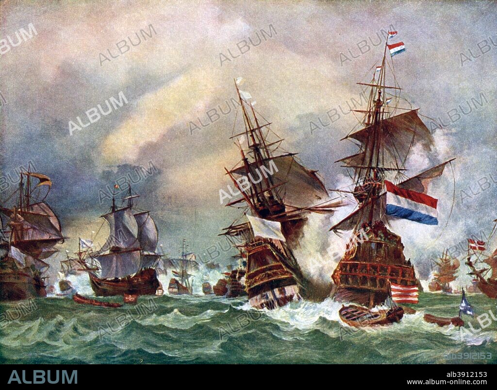 The Battle of Texel, 1673 (c1920). In 1653, the Dutch admiral Maarten Tromp was killed in a battle with the English navy off the coast of Texel, Holland. Illustration from Story of the British Nation, volume III, by Walter Hutchinson (London, c1920s).