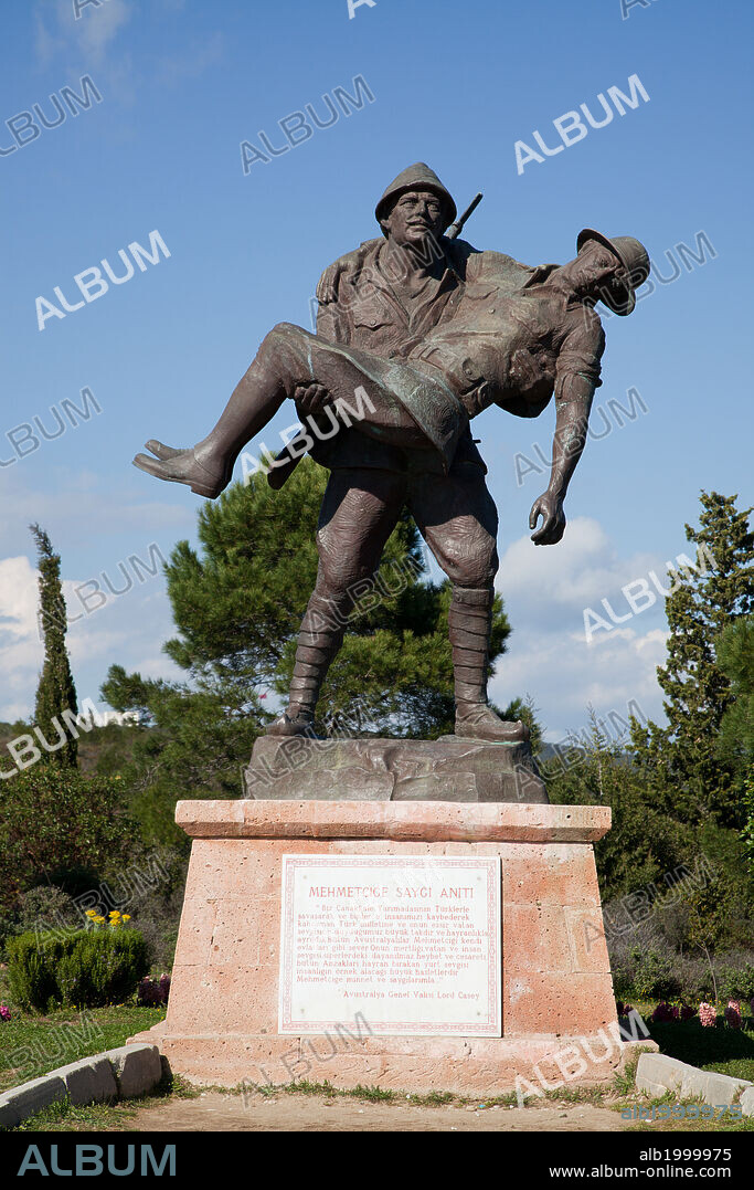 Turkey, Gallipoli, Mehmetcige Memorial. It is a monument of a Turkish soldier and a British soldier. It was built by an inspiration speech of Australian Governor General Lord Richard Casey who served as a lieutenant at Gallipoli. It tells the story that how in the battle a Turkish soldier carried a wounded British soldier from his trench to the Allied trench leaving him with his side and returned to his own.