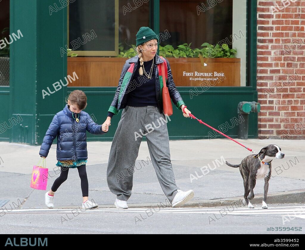 April 17, 2018 - New York, New York, United States - Actors Sienna Miller and Tom Sturridge take their daughter Marlowe Sturridge to school and popped their pup into a dog park on the way home on April 17 2018 in New York City. 17/04/2018