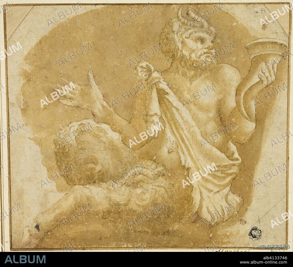 Seated Faun Holding Cornucopia (recto); Sketch of Tree and House (verso). after Giulio Pippi, called Giulio Romano; Italian, c. 1499-1546. Date: 1540-1600. Dimensions: 198 x 228 mm. Brush and brown wash, heightened with white gouache, and graphite (added later) (recto), on ivory laid paper, and graphite (verso), laid down on cream laid paper. Origin: Italy.