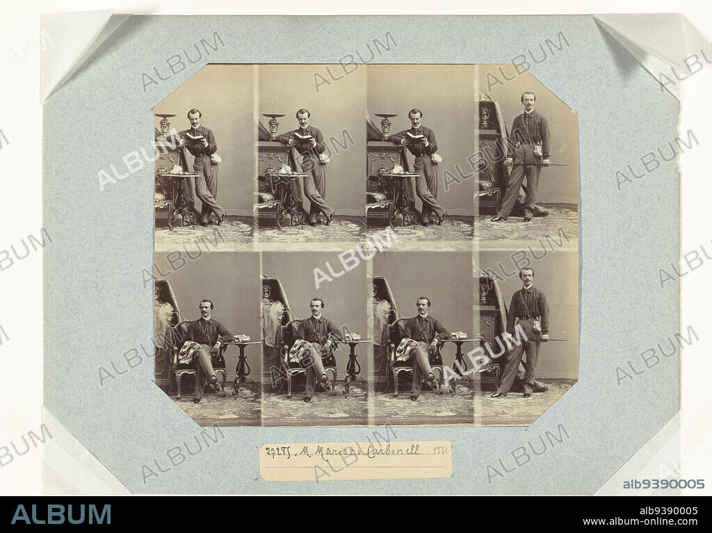 Eight portraits of Mariano Carbonell, Vel with unadulterated portraits for cartes-de-visite., André-Adolphe-Eugène Disdéri (mentioned on object), Paris, 1864, paper, albumen print, height 200 mm × width 232 mmheight 263 mm × width 348 mm.
