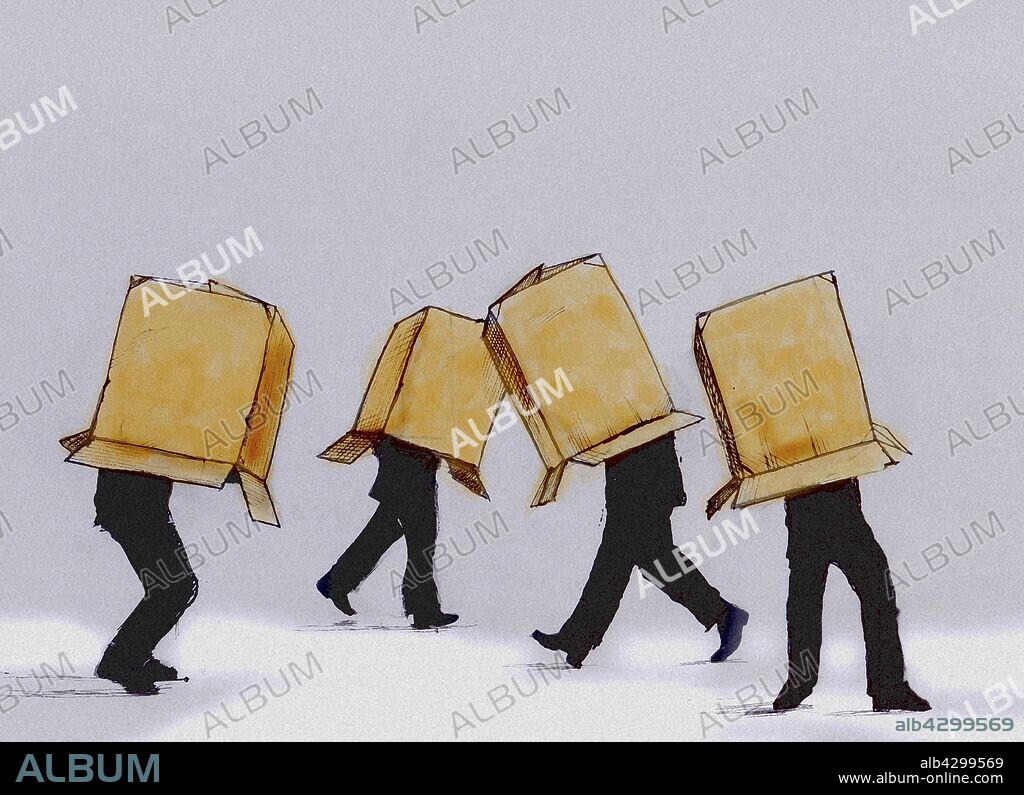Businessmen walking cardboard box covering head.