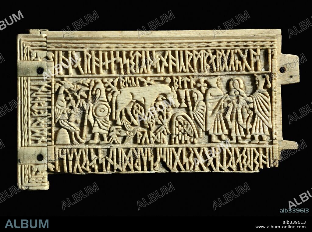 Frankish casket in whalebone with Anglo-Saxon runic inscription from treasury of Saint Julian at Briond.