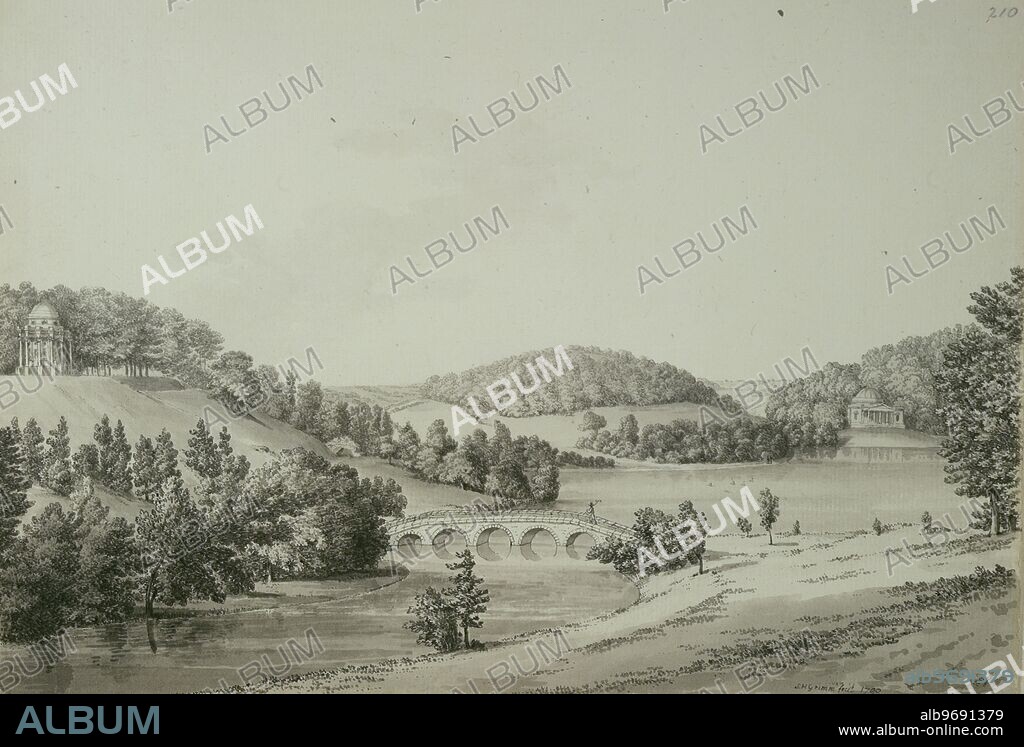 View of the Lake at Stourhead, Wiltshire, 1790. View of the lake with bridge, Temple of Apollo, and Pantheon. The gardens at Stourhead were designed in Classical style by Henry Hoare II and laid out between 1741 and 1780. The buildings were designed by Henry Flitcroft. From 'Grimm's Topographical Drawings, Vol XI'.