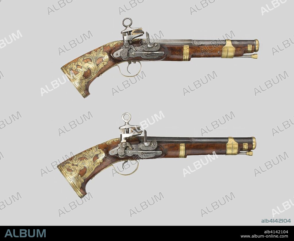Pair of Miquelet Pistols. Spanish; Ripoll. Date: 1770-1790. Dimensions: L. 36.8 cm (14 1/2 in.)
Wt. 2 lb. 2 oz.
Caliber .72. Steel, brass, walnut, and flint. Origin: Ripoll.