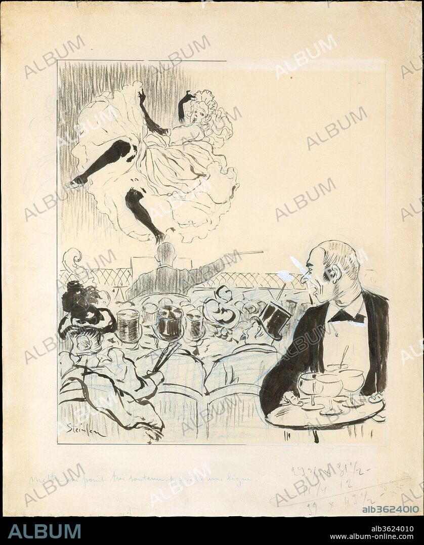 THEOPHILE-ALEXANDRE STEINLEN. Dancer at a Café Concert. Artist: Théophile-Alexandre Steinlen (French (born Switzerland), Lausanne 1859-1923 Paris). Dimensions: 17 1/16 x 14 1/8 in.  (43.4 x 35.8 cm). Date: 1892-93.
An illustrator and poster artist, Steinlen's flamboyant imagery of the café concert invites comparison with Henri de Toulouse-Lautrec, his neighbor in Paris.  Steinlen was the principal illustrator of Le Mirliton, a journal published by Aristide Bruant, the owner of a cabaret by the same title.  Steinlen made this drawing as a cover design for the 17 February 1893 issue of the journal, to illustrate the song "Tha-ma-ra-boum-di-hé" and its accompanying dance, the high-kicking chahut.