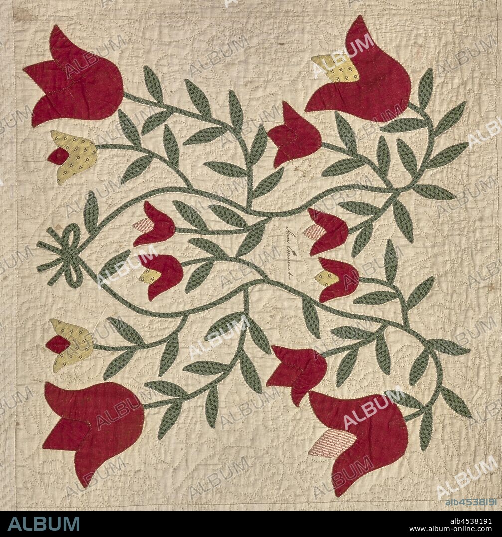Eli Lilly Family Album Quilt, Unknown, 1847, cotton, appliquéd, embroidered, and quilted, 104-1/2 x 105-1/2 in., Signed, near center of each of 20 squares, by friends and family of Eli Lilly: Top row, left to right: Magdaline Emmart Balto. Co., Caleb F. Lilly, Maria Johnson, Evan Lilly, Elizabeth Adeline Emmart, Second row, left to right: Ann Emmart, [no inscription], Mary Ann Seymour, Emily Jane x Lilly . Balto. Co, [no inscription] Third row, left to right: [no inscription], Gustavus Lilly, [no inscription], Amanda Barnett Balto. Co., Edwin Lilly Fourth row, left to right: Rachel Wolf Balto. Co., Eli Lilly, Bell [or Bill] Barnett. Wheatland Balto. Co, Abel Seymour, Wm A. Disney, Bottom row, left to right: A. Josephine Ridgley, Clay Hill Balto. Co., Mary Luth George, Minerva Ann Lilly, Madaleine Barnett, [no inscription], other title, Baltimore album quilt, American, Textile and Fashion Arts.